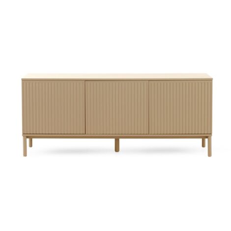 Buffet en MDF couleur beige sable, portes et côtés rainurés, pieds en bois massif