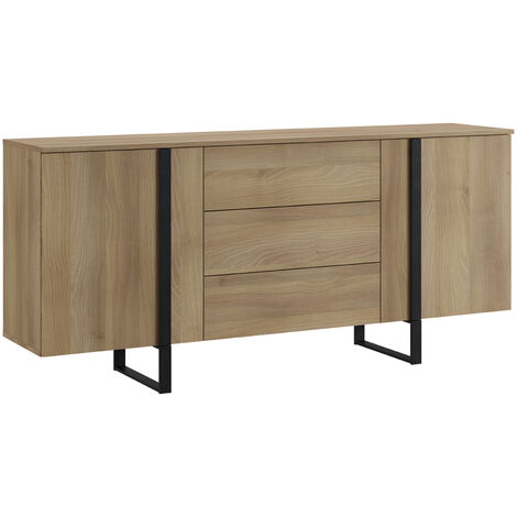 Buffet en mélamine et métal coloris chêne / noir - Longueur 180 x profondeur 40 x hauteur 82 cm -PEGANE-