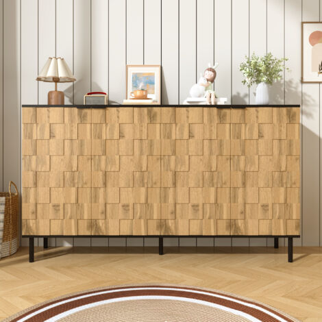 Buffet en mosaïque,meuble à deux portes,meuble de rangement à l’aspect bois,panneau en clapés,pieds métalliques,pour le salon et le couloir