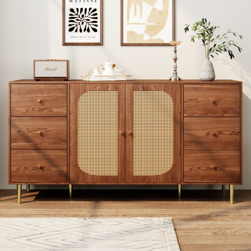 Buffet en osier, meuble de rangement avec tiroirs, meuble en bois indépendant, pour cuisine, salon et salle de séjour, marron, 160 x 40 x 90 cm