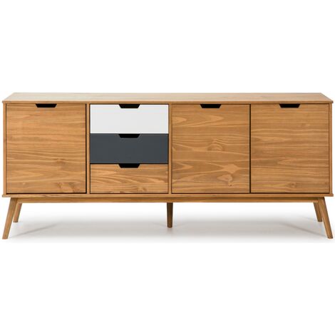 Buffet en pin massif blanc et gris, meuble de rangement coloris naturel - Longueur 171 x Profondeur 40 x Hauteur 80 cm -PEGANE-
