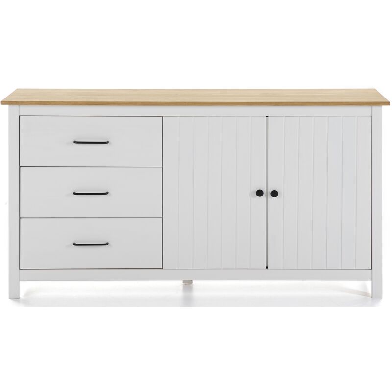 Pegane - Buffet en pin massif décor ciré chêne et blanc, meuble de rangement - Longueur 150 x Profondeur 40 x Hauteur 80 cm