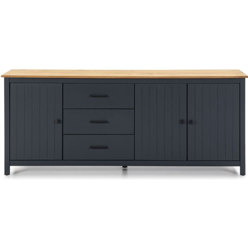 Pegane - Buffet en pin massif décor ciré chêne et bleu, meuble de rangement - Longueur 190 x Profondeur 40 x Hauteur 80 cm