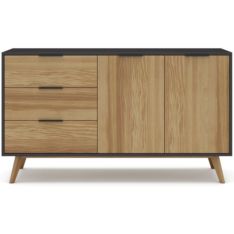 Pegane - Buffet en pin massif décor ciré naturel et noir, meuble de rangement - Longueur 140 x Profondeur 40 x Hauteur 80 cm
