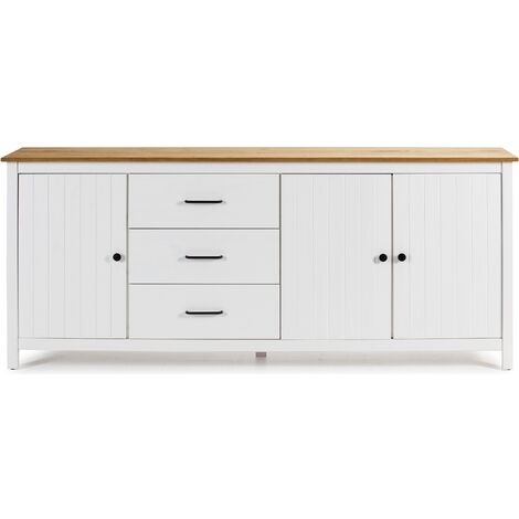 Buffet en pin massif décor ciré chêne et blanc, meuble de rangement - Longueur 190 x Profondeur 40 x Hauteur 80 cm -PEGANE-