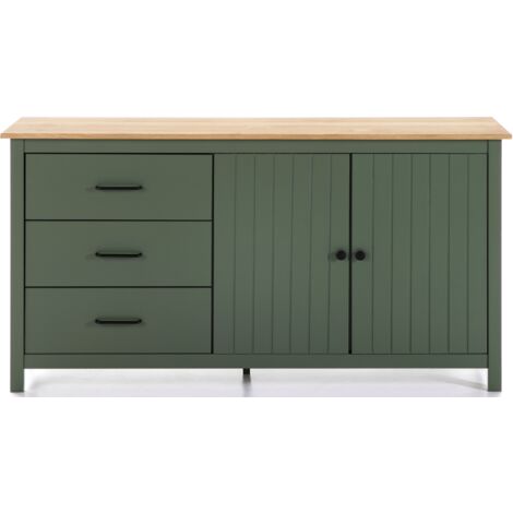 Buffet en pin massif décor ciré chêne et vert, meuble de rangement - Longueur 150 x Profondeur 40 x Hauteur 80 cm -PEGANE-