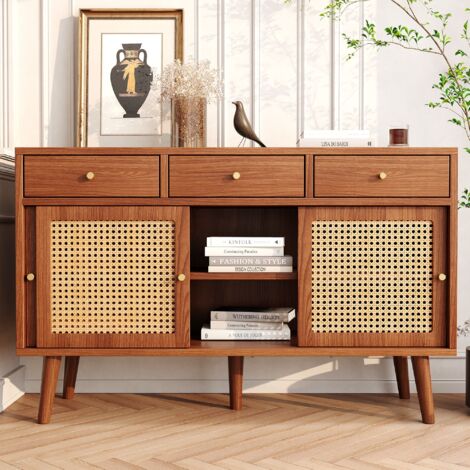 Buffet en rotin 120cm avec 3 tiroirs et 3 portes coulissantes, étagères réglables, pieds en bois massif, poignées dorées, salle à manger, buffet enfilade, Marron