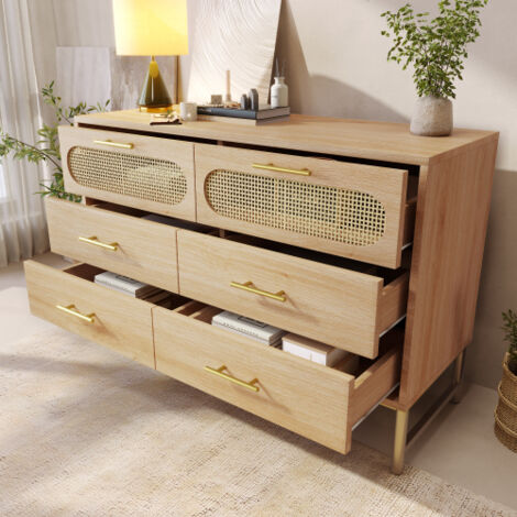Buffet en rotin à 6 tiroirs, commode, coiffeuse, pour salon et chambre, poignées en métal, dispositif anti-basculement, 120 x 40 x 74 cm, chêne Sonoma