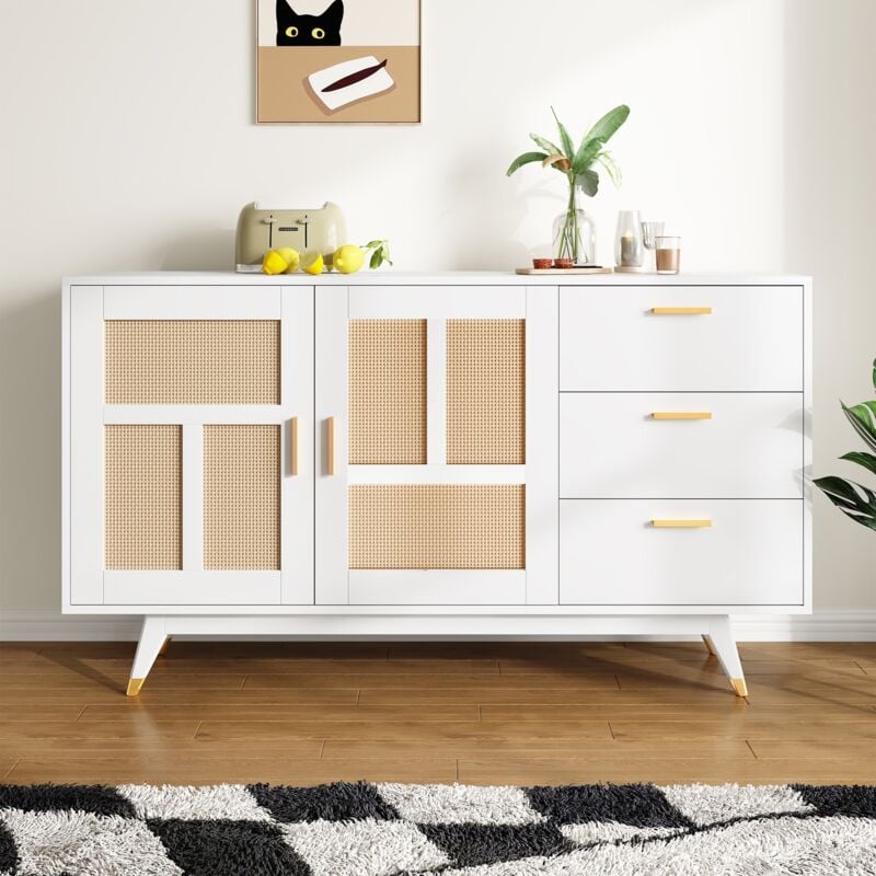 Tanant - Buffet en rotin avec 2 portes et 3 tiroirs, rangement, décoration rotin, poignées dorées, Buffet moderne, Armoires de rangement - Blanc