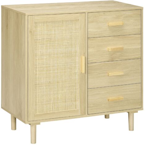 Buffet en rotin avec 4 tiroirs et portes en cannage, dimensions 80 x 38 x 80,5 cm, finition bois naturel