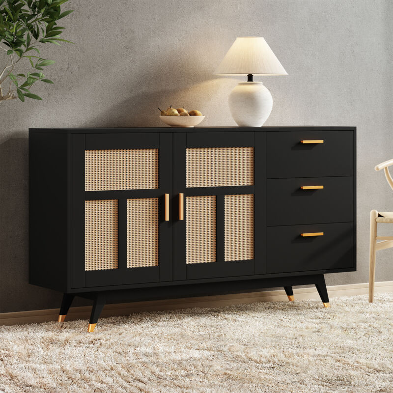 Buffet en rotin, buffet noir avec 2 portes en rotin et 3 tiroirs, 160 x 40 x 87 cm