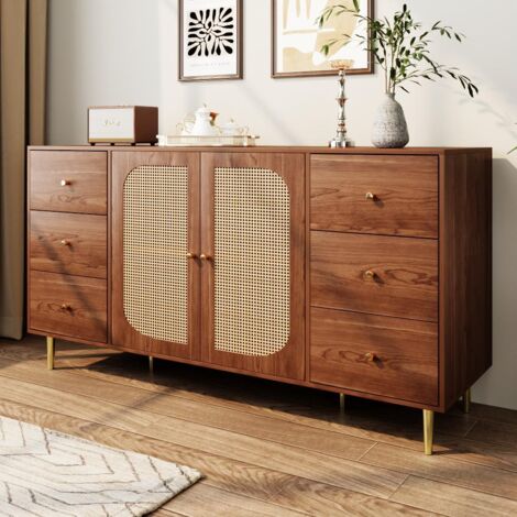 Buffet en rotin, meuble de rangement avec tiroir, meuble en bois autoportant, cuisine, maison, salon, marron, 160 x 40 x 90 cm