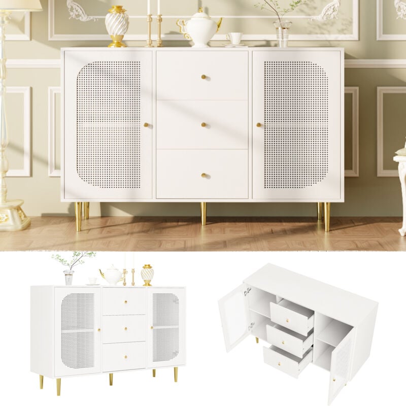 Buffet pe rotin porte armoire de rangement avec tiroir indépendant armoire en bois cuisine maison salon blanc 120x40x90cm