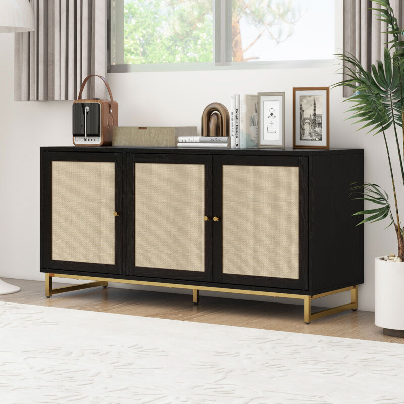 Okwish - Buffet en rotin noir à trois portes avec étagères réglables et cadre en métal, pour chambre à coucher et salon, bureau, 120x40x58 cm