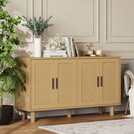 Buffet en rotin PVC - 4 portes, poignées et charnières en métal, pieds en bois massif -8 compartiments rangement, 140x40x80 cm - coloris bois naturel