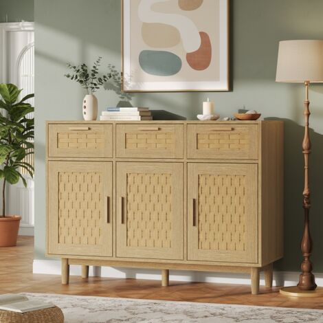 Buffet en rotin PVC de style bohème - couleur bois naturel - 3 portes+3 tiroirs, poignées en métal - 107x40x80 cm - armoire en bois massif