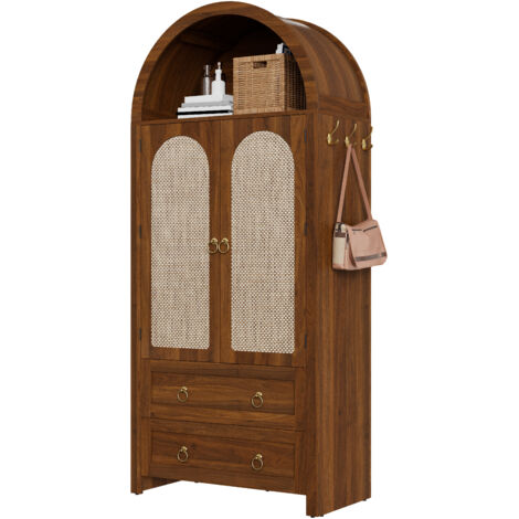 Buffet en rotin style arceau, tiroirs doubles, meuble vintage pour salon et chambre, armoire de rangement
