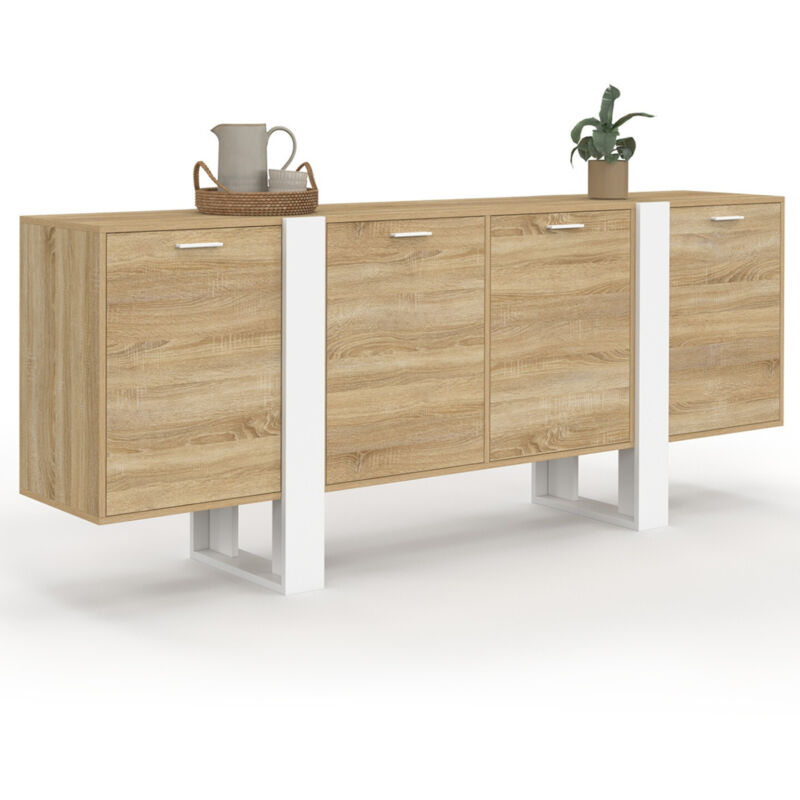 Buffet enfilade 200 cm 4 portes bois et blanc