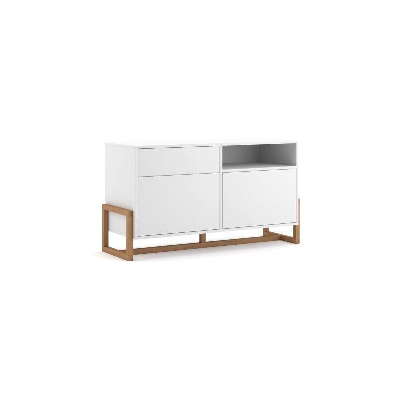 Commode design GEILO, 140 cm, 1 tiroir et 2 portes, coloris blanc mat et hêtre - Blanc