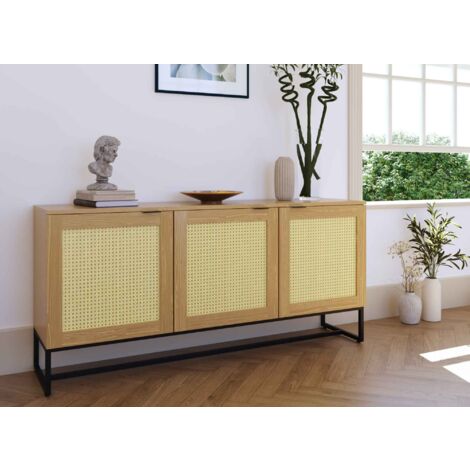 Buffet enfilade scandinave 3 portes en bois métal et cannage