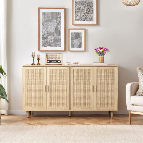 Buffet et buffet MODFU à 4 portes, meuble de cuisine 158x40x88cm, décoration rotin, salon/chambre/bureau, aggloméré, naturel