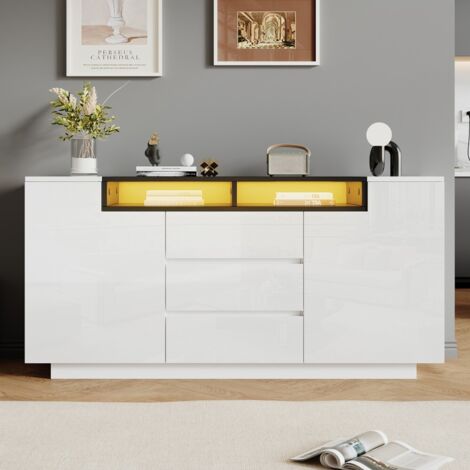 Buffet et enfilade - 2 portes avec éclairage LED - Blanc et noir - 140x40x68 cm - 3 tiroirs - Cloisons réglables