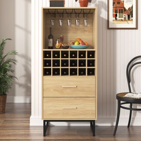 Buffet et enfilade armoire à vin avec 2 tiroirs, 18 casiers et porte-verres, pieds métal noir mat, design élégant pour amateurs de vin et rangement salon