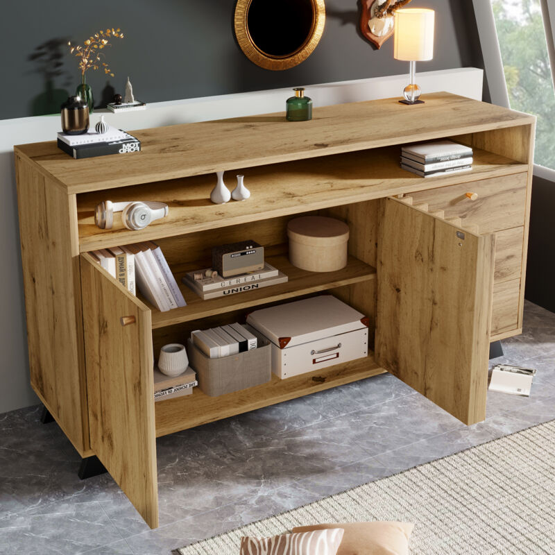 Buffet Et Enfilade avec 2 Portes, 3 Tiroirs et Niche Ouverte, Façade À Lattes, Style Vintage, en Bois, 120×40×85 cm, Chêne Foncé