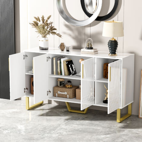 Buffet et Enfilade avec 4 Portes, Motif Géométrique 3D et Pieds Métal, Finition Blanc Brillant, en MDF, 140×40×80 cm