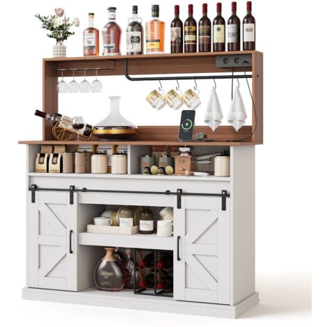 Buffet et enfilade-Bar café-Support verres/prises AC USB-Rangement-Cuisine/Salon-Portes coulissantes-120x40x121,5cm