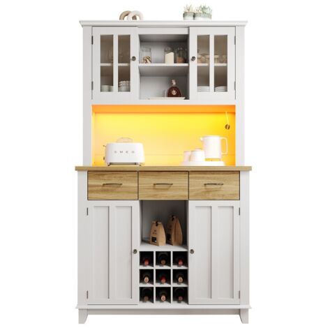Buffet et enfilade-Blanc-Éclairage LED-Vitrine-Buffet haut-Etagères ajustables-Tiroirs bois-106x40x179,5cm