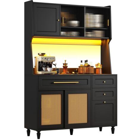 Buffet et enfilade-Buffet Vitrine LED-Étagères Réglables-3 Tiroirs-Rotin PE-Noir-120x45x195,5cm