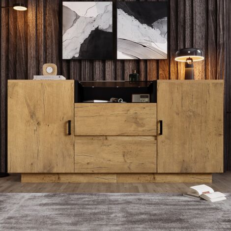 Buffet et Enfilade Chêne-2 Tiroirs et 2 Armoires à Hauteur Réglable-Compartiment Ouvert-Verre ESG-Poignées Noires-140x40x70 cm