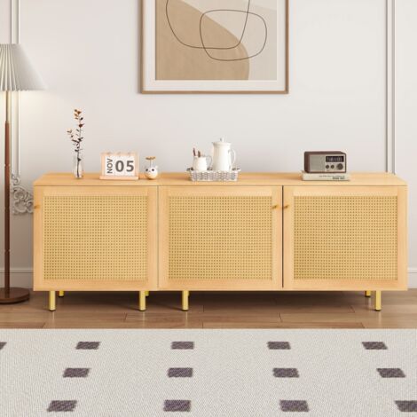 Buffet et enfilade modulable, vaisselier 3 portes en rotin rangement couverts aspect bois naturel 180x40x63cm salle à manger