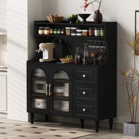 Buffet et enfilade-Noir-Prises-Étagères réglables-Bar à vin-Tiroirs-120x40x138,5cm