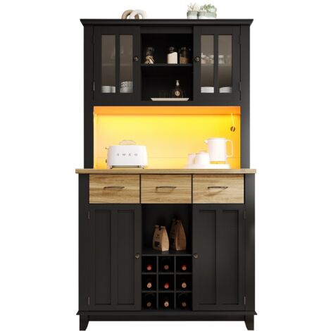 Buffet et enfilade-Noir-Vitrine avec éclairage LED-Buffet tiroirs bois-Etagères réglables-Armoire haute cuisine-106x40x179,5cm