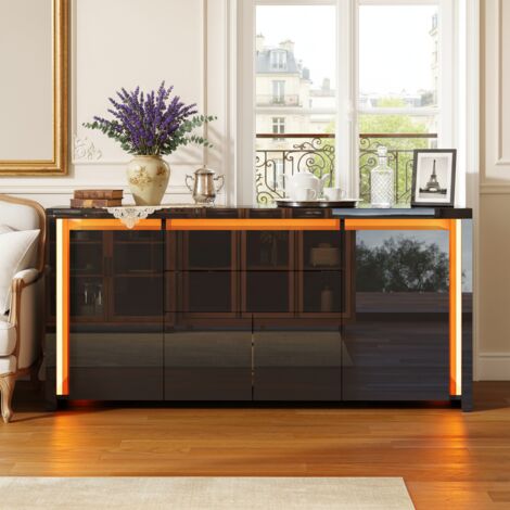 Buffet étanche à haute brillance, largeur 160 cm, avec éclairage LED réglable 7 couleurs, 2 tiroirs+4 portes d'armoire - meuble TV - noir