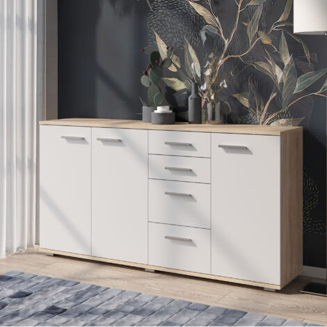 Buffet FAUSKE - 4 Tiroirs - 3 Portes - Chêne Sonoma - Blanc - Largeur 138 cm, Hauteur 74 cm, Profondeur 34 cm