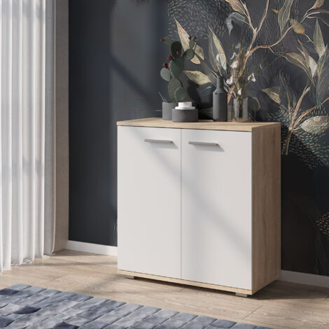 Buffet FAUSKE - Spacieuse - 2 Portes - Chêne Sonoma - Blanc - Largeur 69 cm, Hauteur 74 cm, Profondeur 34 cm