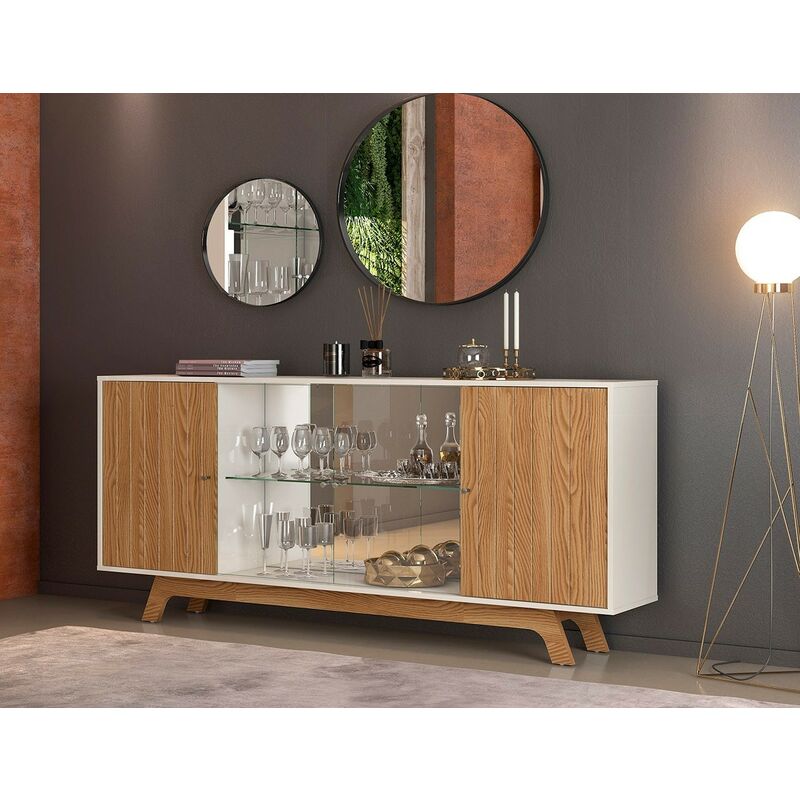 

Buffet GRENOBLE, 4 puertas, cristal, madera, roble y blanco roto, 180 cms.