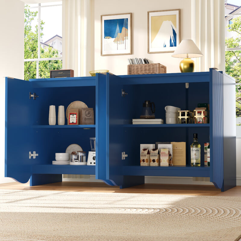 Okwish - Buffet bleu, armoires de rangement avec rangement polybvalent et motif ondulé pour salle à manger et salon, 140x40x85 cm