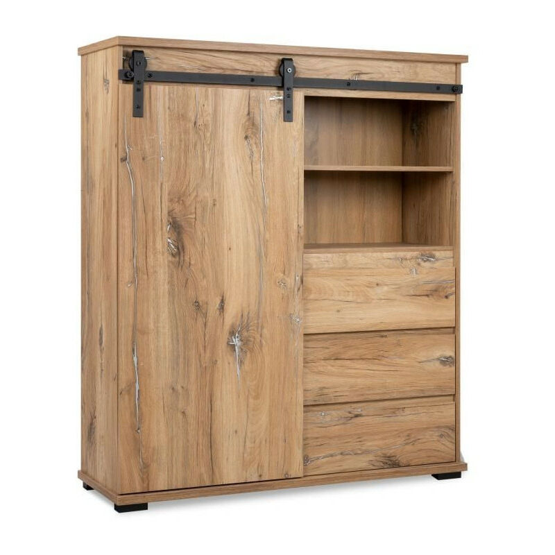 Buffet manzano - Décor Chene Flagstaff - 1 Porte coulissante + 3 tiroirs + 2 niches - L120 x H140 x P40 cm