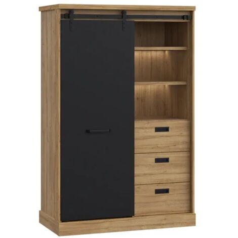 Buffet haut 1 porte coulissante décor chêne et noir – 3 tiroirs avec système 'soft close' – 2 éclairages LED – Dimensions 103,4x160,2x52cm – Meubletmoi