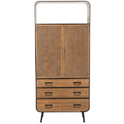 Buffet haut 2 portes 3 tiroirs 80x35x180 cm en sapin et métal noir