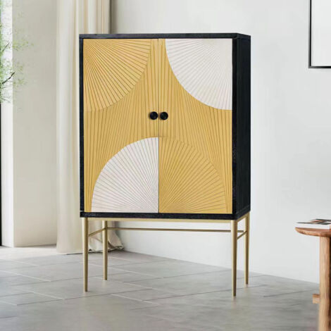 Buffet haut 2 portes 80x40x145cm en bois de pin et métal jaune et noir