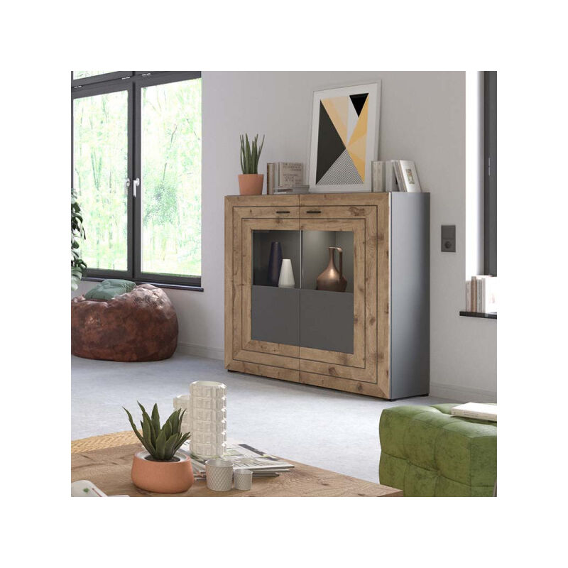 Buffet haut 2 portes battantes Gris/Bois - norfe - Dimensions : l 120 x l 37 x h 117