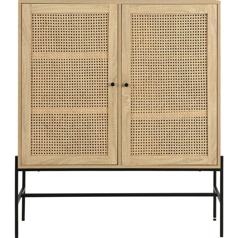 Homifab - Buffet haut 2 portes en cannage naturel et effet chêne 100 cm - Iris