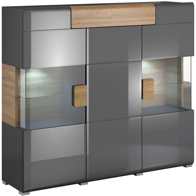 Petits-meubles - Buffet haut 3 portes 1 tiroir avec led Jules Gris et Bois