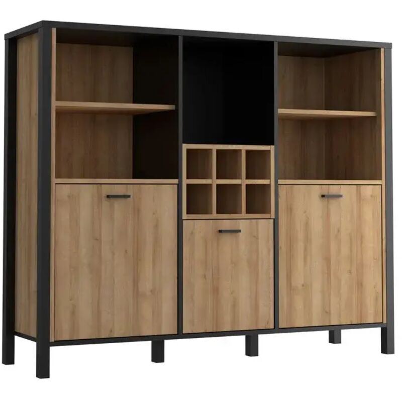 Meubletmoi - Buffet haut décor noir et effet chêne avec poignées noir - mode
