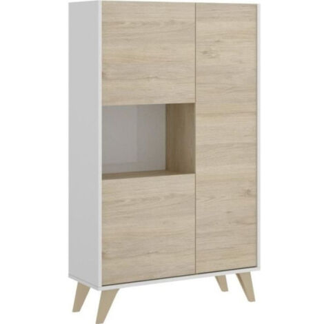 Buffet haut 3 portes - Décor Chene et blanc - NESS - L 81 x P 43 x H 135 cm